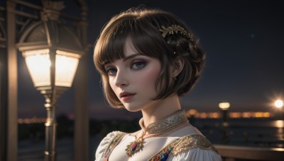 1girl,solo,looking at viewer,short hair,bangs,blue eyes,brown hair,black hair,hair ornament,dress,jewelry,upper body,earrings,outdoors,parted lips,sky,choker,necklace,blurry,lips,eyelashes,makeup,night,depth of field,blurry background,lipstick,gem,portrait,night sky,realistic,nose,red lips,lamppost,braid,teeth,blunt bangs,light,bokeh