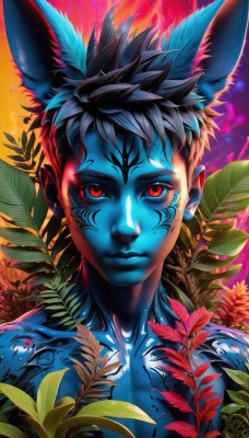 solo,looking at viewer,short hair,black hair,red eyes,1boy,animal ears,closed mouth,upper body,flower,male focus,rabbit ears,tattoo,glowing,colored skin,leaf,facial mark,plant,portrait,topless male,blue skin,full-body tattoo,collarbone,artist name,lips,spiked hair,realistic