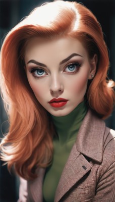 1girl,solo,long hair,breasts,looking at viewer,blue eyes,brown hair,shirt,jewelry,closed mouth,jacket,upper body,earrings,orange hair,blurry,sweater,lips,coat,eyelashes,makeup,turtleneck,lipstick,eyeshadow,realistic,nose,green shirt,red lips,stud earrings,eyeliner,mascara,red hair,parted lips,artist name,watermark,portrait