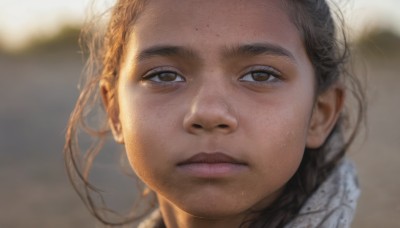 1girl,solo,looking at viewer,brown hair,1boy,brown eyes,closed mouth,braid,male focus,outdoors,scarf,blurry,lips,depth of field,blurry background,portrait,close-up,freckles,realistic,nose,long hair