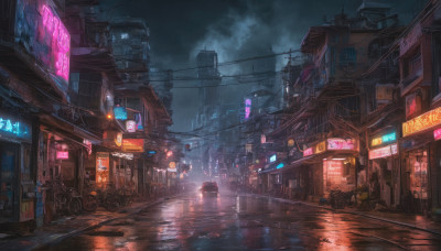 outdoors, sky, cloud, no humans, night, ground vehicle, building, scenery, motor vehicle, rain, city, sign, road, cityscape, dark, power lines, street, city lights, cyberpunk, neon lights