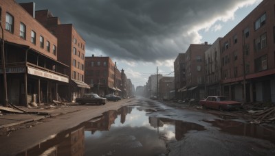 outdoors,sky,day,cloud,water,blue sky,no humans,window,cloudy sky,ground vehicle,building,scenery,motor vehicle,reflection,city,sign,car,road,bridge,power lines,lamppost,street,puddle,broken window,ruins