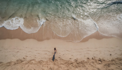 1girl, solo, long hair, black hair, dress, outdoors, water, black dress, ocean, beach, scenery, sand, wide shot, waves, shore, footprints