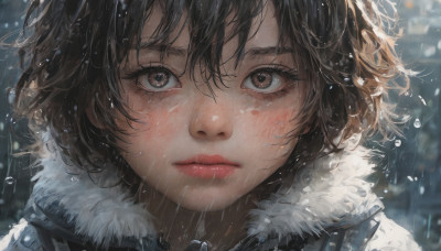 1girl, solo, looking at viewer, short hair, bangs, brown hair, black hair, brown eyes, closed mouth, outdoors, blurry, lips, fur trim, eyelashes, portrait, close-up, rain, realistic, nose