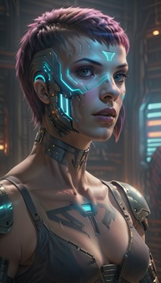 1girl,solo,breasts,looking at viewer,short hair,blue eyes,cleavage,medium breasts,collarbone,upper body,pink hair,small breasts,parted lips,teeth,choker,blurry,lips,eyelashes,tattoo,blurry background,glowing,tank top,science fiction,realistic,nose,very short hair,mechanical arms,cyborg,cyberpunk,mechanical parts,black hair,purple hair,makeup,facial mark,lipstick,eyeshadow,freckles,android,eyeliner,facepaint,robot joints,mascara,hologram