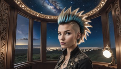 1girl,solo,looking at viewer,short hair,blonde hair,brown eyes,jewelry,blue hair,upper body,multicolored hair,earrings,sky,indoors,necklace,star (symbol),two-tone hair,lips,window,makeup,night,cross,spiked hair,star (sky),night sky,scenery,starry sky,realistic,nose,mohawk,breasts,cleavage,piercing,lipstick,ear piercing,lamp,eyebrow piercing