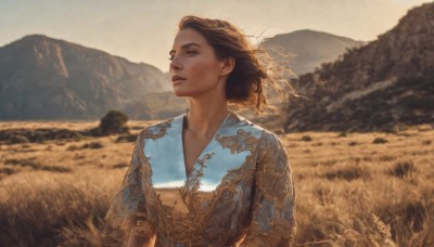 1girl,solo,short hair,brown hair,shirt,brown eyes,closed mouth,collarbone,upper body,short sleeves,outdoors,day,medium hair,blurry,tree,lips,looking to the side,floating hair,depth of field,blurry background,looking away,grass,looking up,wind,nature,scenery,mountain,realistic,nose,looking afar,field,long hair,dress,sky,curly hair,mountainous horizon