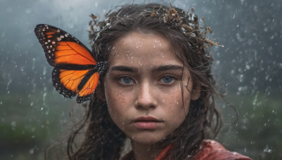 1girl, solo, long hair, looking at viewer, blue eyes, brown hair, hair ornament, closed mouth, outdoors, blurry, lips, blurry background, bug, butterfly, portrait, freckles, rain, snowing, realistic, nose, butterfly hair ornament