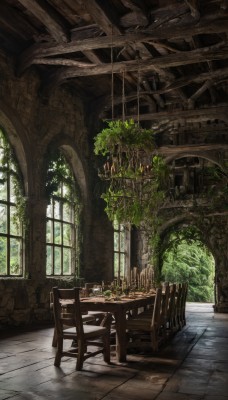 day,indoors,tree,no humans,window,chair,table,sunlight,plant,scenery,light rays,stairs,tiles,candle,tile floor,ruins,vines,pillar,arch,moss,candlestand,overgrown,broken window,wooden floor,fantasy,potted plant,ceiling,stone floor,stone wall,wooden chair