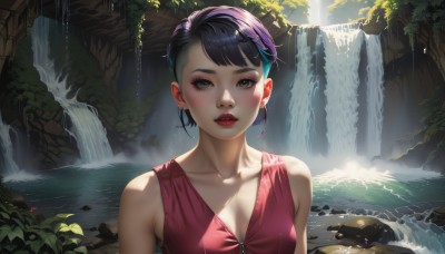 1girl,solo,breasts,looking at viewer,blush,short hair,bangs,black hair,hair ornament,cleavage,bare shoulders,brown eyes,jewelry,medium breasts,collarbone,upper body,purple hair,earrings,outdoors,parted lips,sleeveless,day,hairclip,water,black eyes,lips,eyelashes,makeup,leaf,sunlight,lipstick,nature,asymmetrical hair,rock,realistic,nose,red lips,waterfall,dress,teeth,artist name,signature,red dress,plant