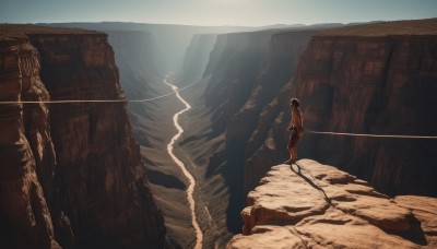 1girl,solo,short hair,brown hair,black hair,1boy,standing,weapon,outdoors,sky,sword,water,from behind,scenery,rock,mountain,ruins,wide shot,cliff,skirt,barefoot,day,cloud,walking,road,waterfall,desert,cave,molten rock