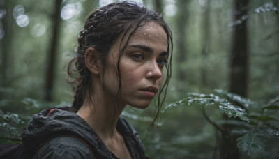 1girl, solo, long hair, black hair, braid, water, bag, blurry, lips, depth of field, blurry background, backpack, nature, forest, freckles, water drop, realistic, nose