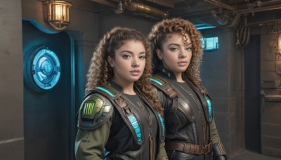 long hair,looking at viewer,smile,multiple girls,brown hair,2girls,brown eyes,closed mouth,jacket,upper body,braid,belt,dark skin,armor,vest,dark-skinned female,lips,siblings,science fiction,curly hair,realistic,nose,leather,animification,big hair,breasts,jewelry,parted lips,necklace,facial mark,zipper,jumpsuit,very dark skin,leather jacket,dreadlocks