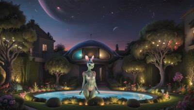 1girl,solo,breasts,navel,animal ears,medium breasts,nipples,standing,flower,nude,outdoors,sky,water,star (symbol),rabbit ears,tree,window,night,colored skin,moon,grass,plant,building,star (sky),nature,night sky,scenery,furry,wading,starry sky,furry female,green skin,house,crescent moon,alien,lily pad,pond,short hair,glowing,monster girl,blue skin,no nipples,fireflies