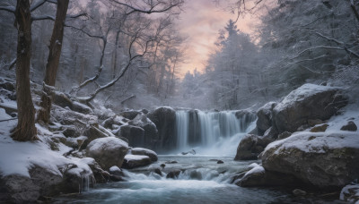 outdoors, sky, water, tree, no humans, nature, scenery, snow, forest, rock, winter, bare tree, river, waterfall, stream