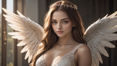 1girl,solo,long hair,breasts,looking at viewer,smile,brown hair,dress,cleavage,bare shoulders,brown eyes,jewelry,medium breasts,closed mouth,collarbone,upper body,earrings,wings,white dress,blurry,lips,grey eyes,depth of field,blurry background,halo,feathered wings,angel wings,realistic,nose,white wings,angel,head wreath,underwear,bra,sunlight,white bra