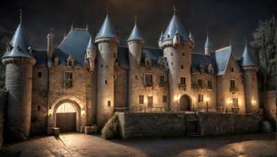 HQ,outdoors,sky,cloud,tree,no humans,window,night,chair,building,night sky,scenery,stairs,door,road,house,lamppost,bare tree,castle,tower,church,arch,cloudy sky,fantasy,light,candle,dark,wall,architecture,path