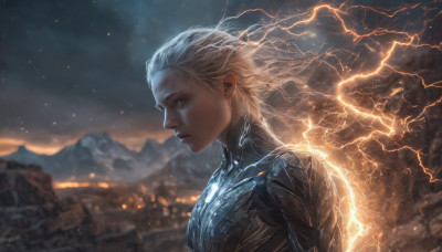 1girl, solo, long hair, upper body, white hair, outdoors, sky, armor, blurry, from side, lips, profile, night, floating hair, science fiction, realistic, nose, electricity, lightning