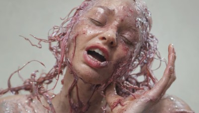 1girl,solo,open mouth,simple background,closed eyes,pink hair,teeth,tongue,hand up,grey background,water,blurry,lips,wet,head tilt,portrait,facing viewer,realistic,1boy,male focus,tongue out,tentacles,veins,horror (theme)