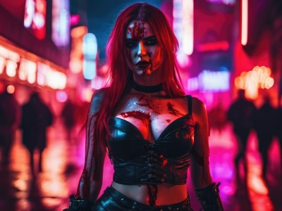 1girl,solo,long hair,breasts,looking at viewer,large breasts,gloves,navel,cleavage,bare shoulders,medium breasts,red hair,solo focus,choker,midriff,blurry,lips,blood,blurry background,corset,blood on face,realistic,blood on clothes,blood splatter,bustier,upper body,leather