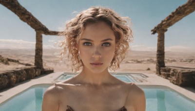 1girl,solo,looking at viewer,short hair,blue eyes,blonde hair,brown hair,bare shoulders,jewelry,closed mouth,collarbone,upper body,earrings,outdoors,sky,day,water,mole,blue sky,lips,grey eyes,wavy hair,messy hair,portrait,freckles,curly hair,realistic,watercraft,bathtub,boat,desert,eyelashes,wind