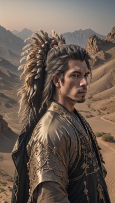 solo,long hair,looking at viewer,brown hair,black hair,hair ornament,long sleeves,1boy,brown eyes,closed mouth,upper body,ponytail,male focus,outdoors,from side,facial hair,chinese clothes,beard,robe,mountain,realistic,sand,manly,desert,jewelry,sky,lips,feathers