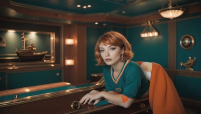 1girl,solo,looking at viewer,short hair,bangs,blue eyes,skirt,brown hair,shirt,brown eyes,jewelry,closed mouth,short sleeves,earrings,indoors,lips,grey eyes,leaning forward,table,blue shirt,long skirt,realistic,nose,light,lamp,watercraft,parody,red lips,ship,boat,fine art parody