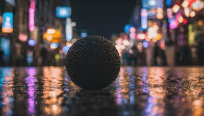 outdoors, sky, water, blurry, no humans, night, depth of field, blurry background, building, star (sky), night sky, scenery, reflection, city, cityscape, bokeh, city lights