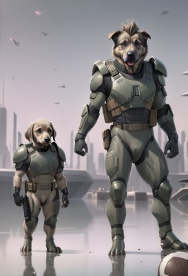 1boy,brown eyes,standing,weapon,male focus,multiple boys,tongue,2boys,armor,gun,military,bird,building,handgun,ball,reflection,science fiction,dog,aircraft,airplane,soccer ball,jet,telstar,solo,gloves,boots,fingerless gloves,uniform,no humans,military uniform,animal