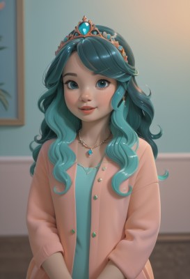 1girl,solo,long hair,looking at viewer,blush,smile,bangs,blue eyes,shirt,long sleeves,dress,jewelry,blue hair,collarbone,jacket,upper body,multicolored hair,earrings,parted lips,open clothes,teeth,shiny,artist name,indoors,necklace,blurry,shiny hair,aqua eyes,open jacket,lips,parted bangs,eyelashes,aqua hair,makeup,buttons,blurry background,swept bangs,watermark,wavy hair,cardigan,own hands together,tiara,crown,gem,pendant,freckles,curly hair,v arms,open cardigan,pearl necklace,heart necklace,pink cardigan,diadem,aqua dress,green hair,depth of field,thick eyebrows,brown jacket