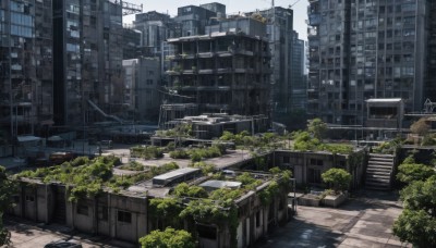 outdoors,sky,day,tree,no humans,window,ground vehicle,building,scenery,motor vehicle,stairs,city,sign,railing,car,road,cityscape,ruins,street,skyscraper,overgrown,real world location,post-apocalypse,signature,sunlight,plant,power lines