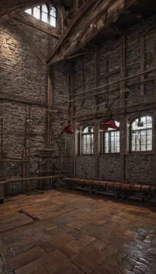 day,indoors,water,no humans,window,chair,table,sunlight,scenery,wooden floor,stairs,fantasy,door,arch,barrel,solo,weapon,sword,cape,cloak,rain,red cape,axe,wall,ruins,brick wall,puddle,ceiling,red cloak,wooden wall,stone wall,wood,brick,brick floor,cracked floor