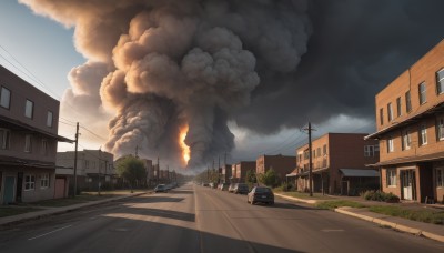 outdoors,sky,day,cloud,tree,blue sky,no humans,window,grass,fire,ground vehicle,building,scenery,motor vehicle,smoke,city,fence,car,road,bush,explosion,house,power lines,street,utility pole,burning,truck,crosswalk,cloudy sky,vanishing point