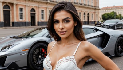 1girl,solo,long hair,breasts,looking at viewer,smile,brown hair,cleavage,brown eyes,medium breasts,underwear,collarbone,upper body,outdoors,parted lips,dark skin,armpits,bra,mole,blurry,dark-skinned female,lips,blurry background,lingerie,ground vehicle,building,motor vehicle,white bra,mole on breast,realistic,car,vehicle focus,sports car,open mouth,black hair,teeth,day