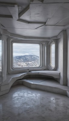 sky,day,cloud,water,no humans,window,building,scenery,reflection,mountain,city,cityscape,seat,blue sky,train interior,landscape