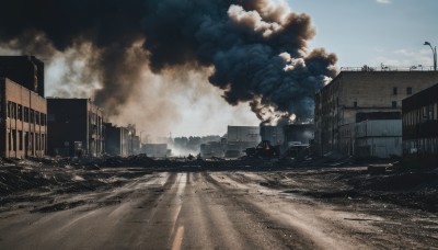 outdoors,sky,day,cloud,blue sky,no humans,cloudy sky,fire,ground vehicle,building,scenery,motor vehicle,smoke,city,car,road,cityscape,ruins,lamppost,street,skyscraper,real world location,military,explosion,destruction