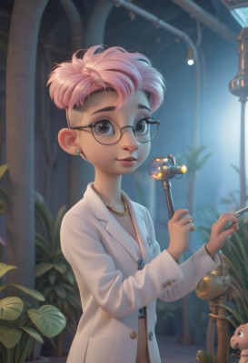 1girl,solo,looking at viewer,smile,short hair,long sleeves,holding,brown eyes,jewelry,upper body,pink hair,multicolored hair,earrings,parted lips,glasses,artist name,indoors,necklace,blurry,black eyes,two-tone hair,lips,coat,piercing,plant,freckles,black-framed eyewear,nose,round eyewear,labcoat,white coat,stud earrings,very short hair,undercut,mole,ring