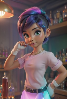 1girl,solo,breasts,looking at viewer,smile,short hair,skirt,shirt,black hair,hair ornament,gloves,holding,jewelry,closed mouth,green eyes,blue hair,standing,ponytail,pink hair,purple hair,short sleeves,multicolored hair,cowboy shot,earrings,small breasts,hairclip,belt,indoors,white gloves,dark skin,fingerless gloves,necklace,blurry,two-tone hair,dark-skinned female,lips,streaked hair,see-through,hand on hip,eyelashes,makeup,depth of field,blurry background,bandages,piercing,bottle,lipstick,ear piercing,pink skirt,short ponytail,pink shirt,purple skirt,bandaged arm,nose,stud earrings,mascara,humanization,bandaged hand,lipgloss,blush,bangs,upper body,artist name,signature,nail polish,fingernails,candy,cigarette,bar (place)