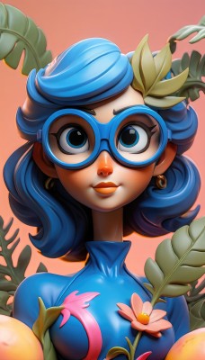 1girl,solo,breasts,looking at viewer,smile,short hair,blue eyes,hair ornament,holding,jewelry,medium breasts,closed mouth,blue hair,upper body,flower,earrings,small breasts,glasses,lips,gradient,gradient background,eyelashes,bodysuit,makeup,leaf,plant,lipstick,eyeshadow,freckles,food,fruit,nose