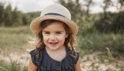 1girl,solo,long hair,looking at viewer,smile,open mouth,brown hair,hat,dress,upper body,outdoors,frills,teeth,sleeveless,day,blurry,lips,depth of field,blurry background,curly hair,sun hat,realistic,bangs,shirt,:d,tongue,medium hair