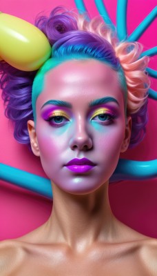 1girl,solo,looking at viewer,short hair,blue eyes,simple background,hair ornament,bare shoulders,closed mouth,blue hair,collarbone,pink hair,purple hair,nude,multicolored hair,lips,eyelashes,makeup,pink background,lipstick,portrait,eyeshadow,realistic,nose,eyeliner,purple lips,mascara,blue eyeshadow,purple eyeshadow,blonde hair,upper body,artist name,gradient hair,colored skin,watermark,rainbow hair