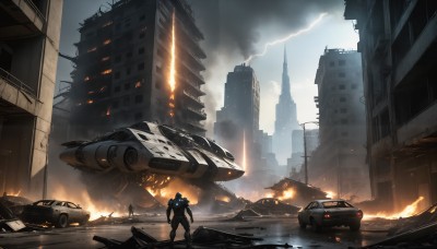 HQ,1boy,standing,weapon,outdoors,sky,cloud,armor,military,helmet,cloudy sky,fire,robot,ground vehicle,building,scenery,mecha,motor vehicle,smoke,science fiction,city,realistic,aircraft,military vehicle,car,road,explosion,ruins,vehicle focus,damaged,skyscraper,lightning,debris,burning,destruction,helicopter,multiple boys,signature,rain,multiple others,soldier,truck