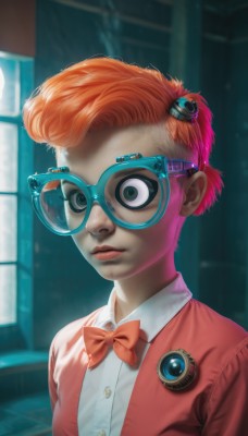 1girl,solo,looking at viewer,short hair,shirt,hair ornament,1boy,bow,closed mouth,green eyes,white shirt,upper body,pink hair,male focus,glasses,collared shirt,artist name,indoors,bowtie,orange hair,blurry,red bow,lips,buttons,blurry background,watermark,cardigan,red bowtie,web address,freckles,realistic,nose,badge,blue-framed eyewear,button badge,school uniform,jacket,window,goggles,android