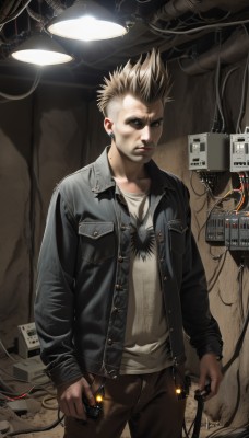 solo,looking at viewer,blonde hair,shirt,long sleeves,1boy,brown eyes,jewelry,standing,jacket,white shirt,male focus,cowboy shot,earrings,open clothes,pants,open jacket,black jacket,denim,robot,spiked hair,science fiction,realistic,cable,leather,cyborg,leather jacket,cyberpunk,wire,denim jacket,short hair,blue eyes,holding,closed mouth,indoors,lips,torn clothes,tattoo,lamp,brown pants,barcode,patch