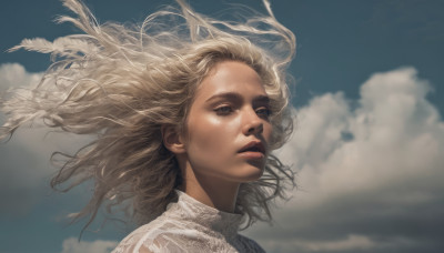 1girl, solo, long hair, blonde hair, outdoors, sky, day, cloud, blue sky, lips, floating hair, cloudy sky, feathers, wind, portrait, realistic, nose, looking afar