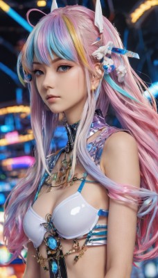 1girl,solo,long hair,breasts,looking at viewer,bangs,blue eyes,blonde hair,hair ornament,cleavage,bare shoulders,jewelry,medium breasts,closed mouth,underwear,blue hair,swimsuit,upper body,pink hair,flower,ahoge,sidelocks,bikini,multicolored hair,earrings,parted lips,shiny,hair flower,necklace,bra,blurry,two-tone hair,lips,streaked hair,makeup,blurry background,white bikini,gem,bikini top only,white bra,realistic,nose,small breasts,signature,from side,eyelashes,headgear,expressionless