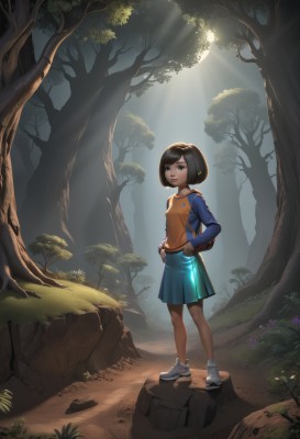 1girl,solo,looking at viewer,short hair,bangs,blue eyes,skirt,brown hair,shirt,black hair,long sleeves,brown eyes,standing,jacket,full body,flower,outdoors,shoes,day,socks,dark skin,bag,black eyes,tree,lips,blue skirt,sunlight,white footwear,bob cut,backpack,grass,sneakers,nature,forest,light rays,rock,sunbeam,breasts,smile,closed mouth,pleated skirt,small breasts,swept bangs,hands on hips,orange shirt,ankle socks