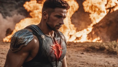 solo,short hair,brown hair,black hair,1boy,closed mouth,upper body,male focus,sleeveless,dark skin,armor,blurry,from side,muscular,blurry background,facial hair,dark-skinned male,fire,muscular male,shoulder armor,beard,mature male,realistic,manly,explosion,scar,scar on face,smoke,scar across eye,animification