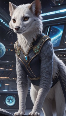 solo,brown eyes,jewelry,indoors,no humans,animal,cat,brooch,gem,star (sky),colored sclera,space,animal focus,white fur,planet,whiskers,earth (planet),animal ears,sky,artist name,window,claws,starry sky,realistic