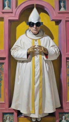 solo,looking at viewer,black hair,gloves,long sleeves,1boy,hat,closed mouth,standing,full body,male focus,indoors,facial hair,white headwear,sunglasses,own hands together,robe,tabard,white robe,priest,mitre,short hair,jewelry,wide sleeves,necklace,lips,scar,ring,cross,facing viewer,beard,scar on face,mustache